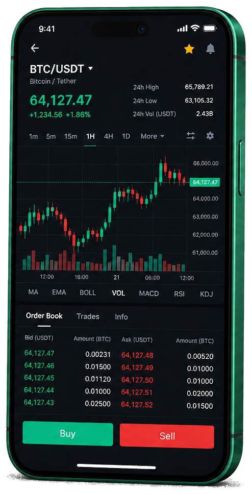 Bergkuppe Portia handelsplatform mobiel — live BTC/USDT grafiek, orderboek en koop- en verkoopinterface